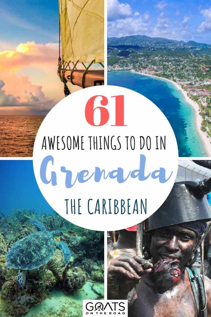 Planning a trip to the Caribbean? Put Grenada on your bucket list! You can snorkeling at the underwater sculpture park, adventure to waterfalls like the seven sisters, browse the markets for souvenirs, taste delicious local food like oil down, experience the culture at carnival with the Jab Jab. There are plenty of things to do in this island beach paradise. Weve got 61 awesome things for your vacation inspiration! | #caribbean #grenada #spiceisle #travel Diving, carnival and sailing in Grenada with text overlay