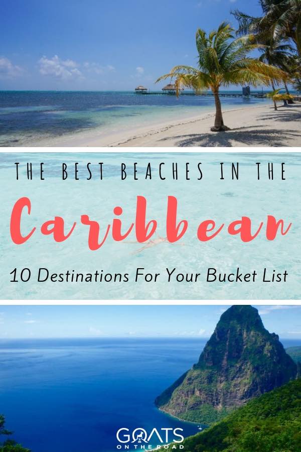 Want a Caribbean vacation to escape the winter? We have discovered some paradise islands to fulfill your wanderlust! Travel to Jamaica, St Lucia and Barbados to relax in some of the world most beautiful places, swimming in warm water, and lying on white sandy beaches lined with palm trees. You will want to add these top beaches toy our bucket lists! | #caribbean #bestbeaches #wanderlust Sugar beach in St Lucia with text overlay