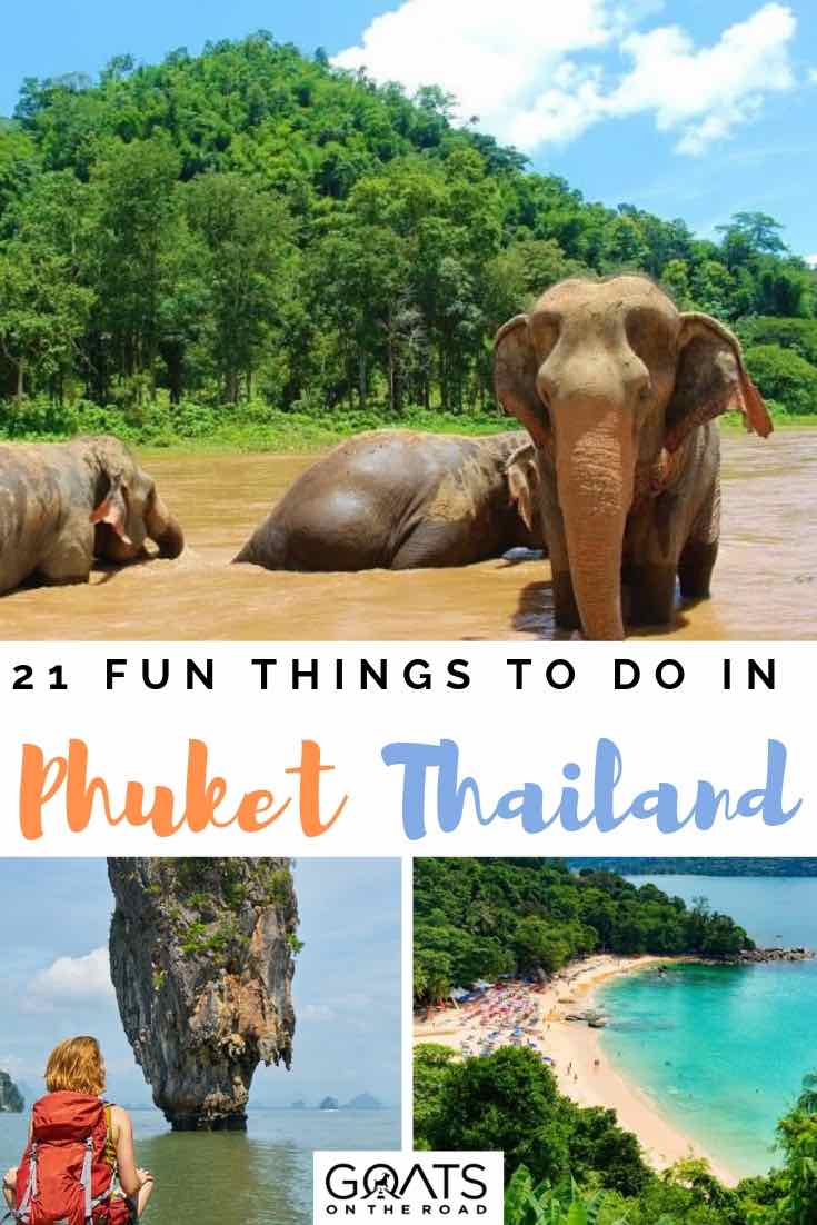 elephant sanctuary and beach in phuket thailand with text overlay