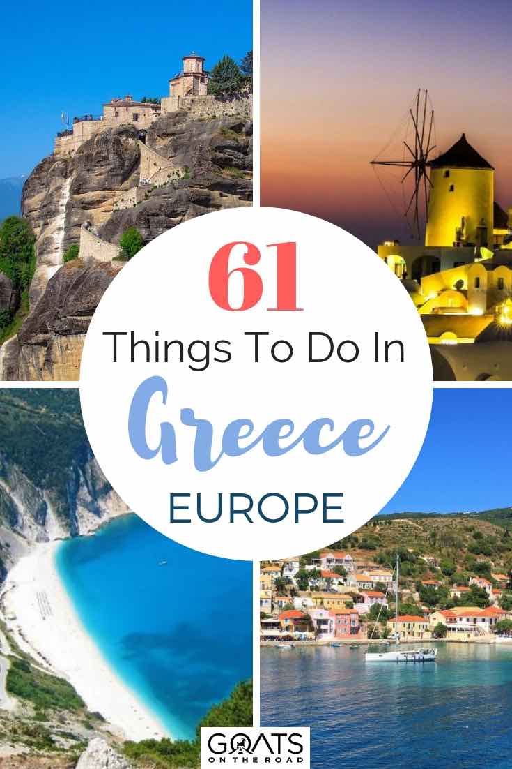 Planning your trip to Greece, Europe, and trying to find out what to do and which places to visit? We’ve got you covered, from the beaches in Crete, to history filled temples in Athens, and beautiful streets in Athens, we’ve got 61 fun things to do in this bucket lists destination! Check out our top tips for your holidays. | #visitgreece #wanderlust #europe various things to do in Greece with text overlay
