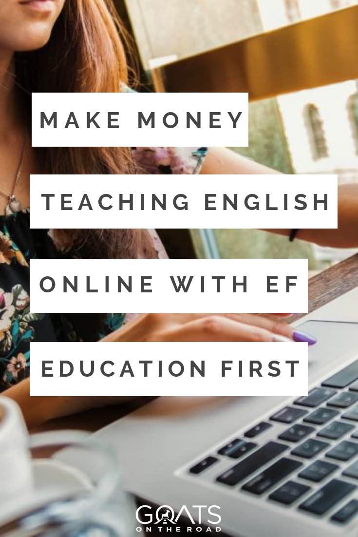 girl on her laptop teaching english online with text overlay