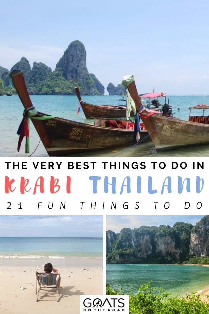 boats and beautiful beaches in krabi thailand with text overlay