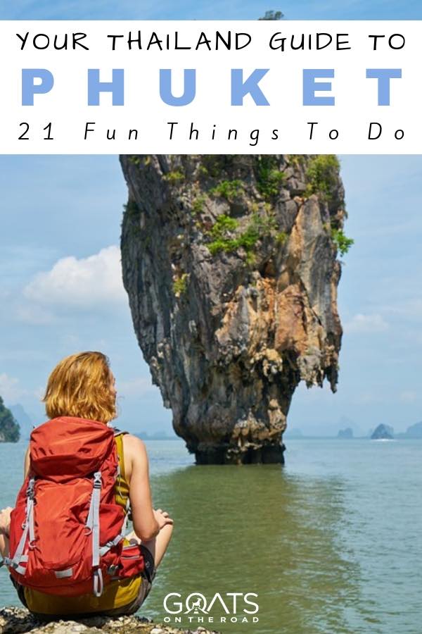 Planning a travel adventure to Thailand and looking for fun things to do in Phuket? We’ve got a list of what to do in this beautiful beach destination, from visiting Big Buddha, to island and beach hopping, to visiting an elephant sactuary, eating delicious food in the best restaurants, experiencing the nightlife and more! We’ve got you itinerary covered with our 21 tips and ideas! | #phuket #thailand #southeastasia girl in phuket thailand with text overlay 21 things to do in phuket