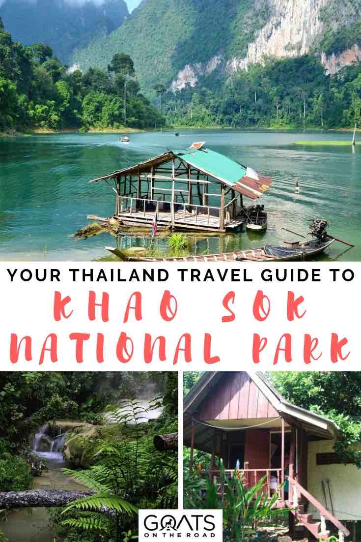 jungle waterfall and rainforest in khao sok national park with text overlay