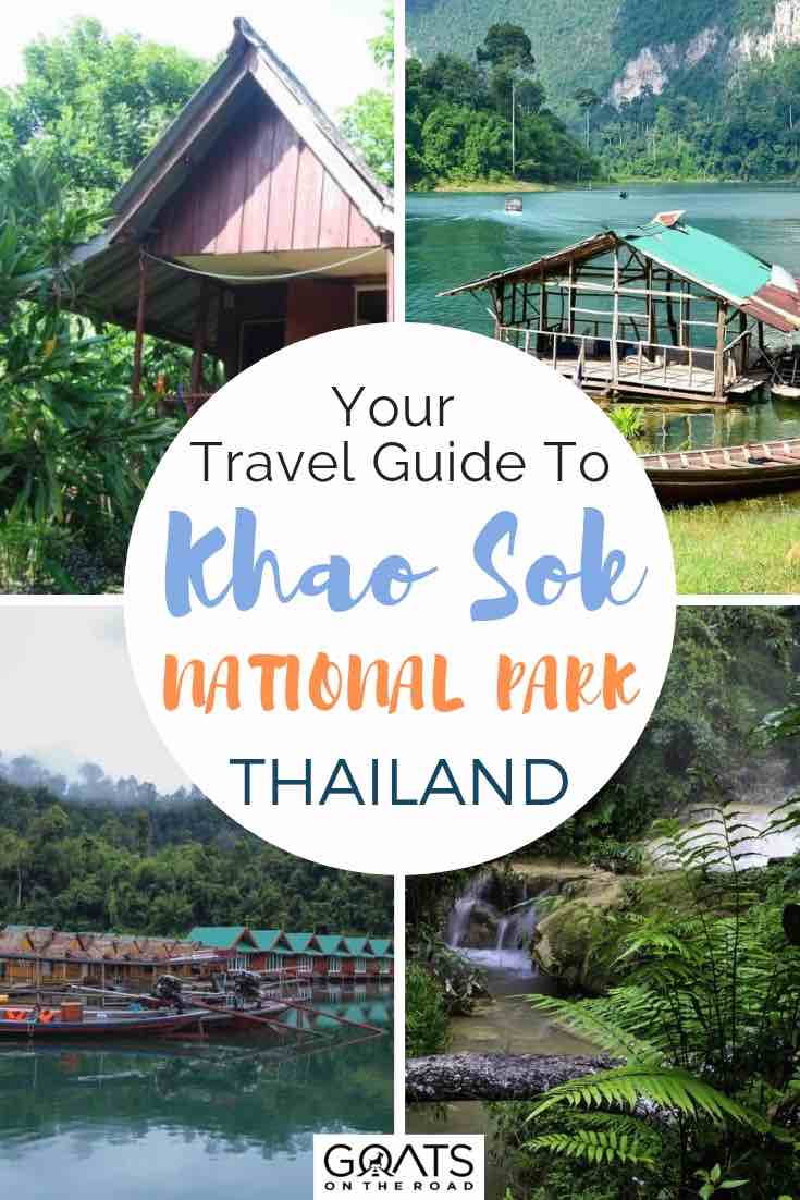 rainforest and overwater bungalows in khao sok national park Thailand with text overlay