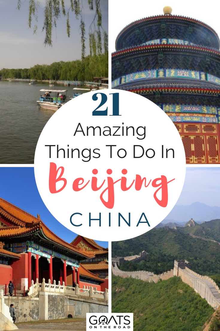 Want to visit Beijing in China? We’ve listed so many things to do in this bucket list destination! Explore beautiful temples, enjoy delicious food like peking duck, walk through the forbidden city and more! We’ve got the travel tips so you can explore this amazing city! Find out ideas on what to do on your vacation! | #beijing #visitchina #traveltips temples and great wall in bejing china with text overlay 21 amazing things to do in beijing