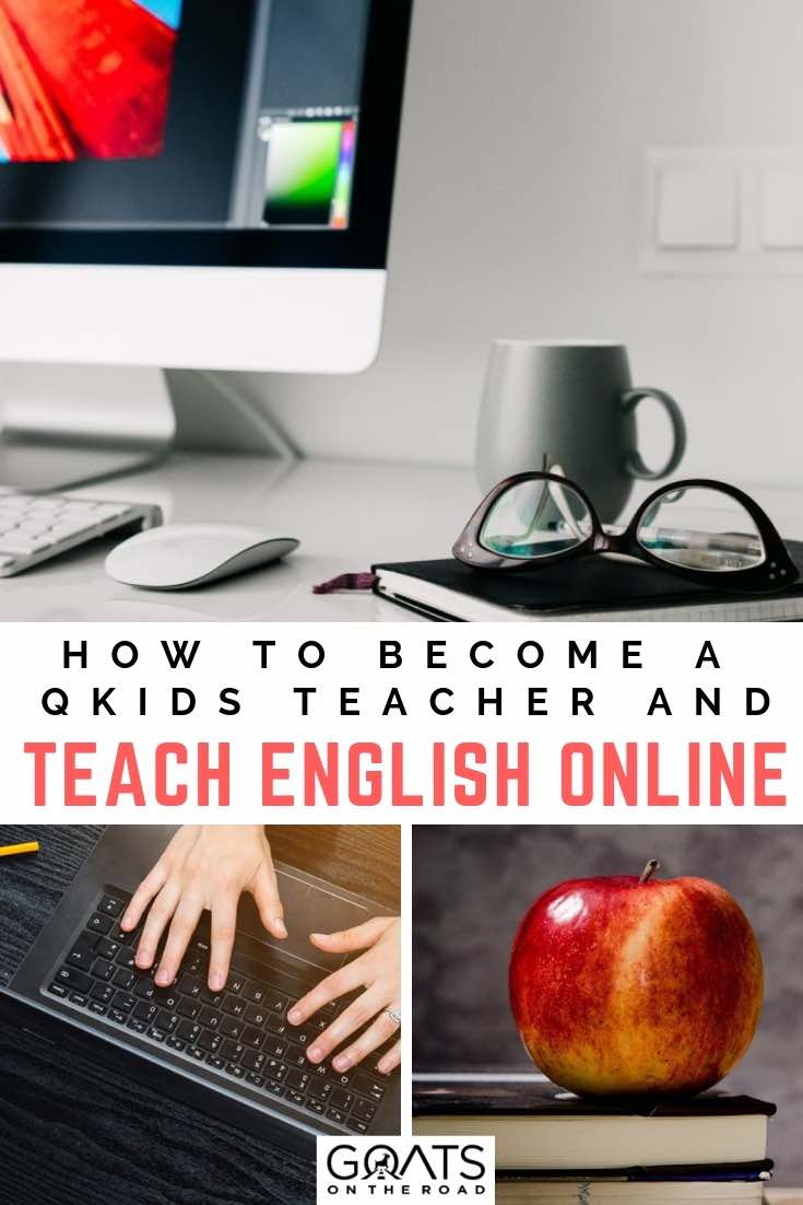 working on a laptop with text overlay how to become a qkids teacher and teach english online