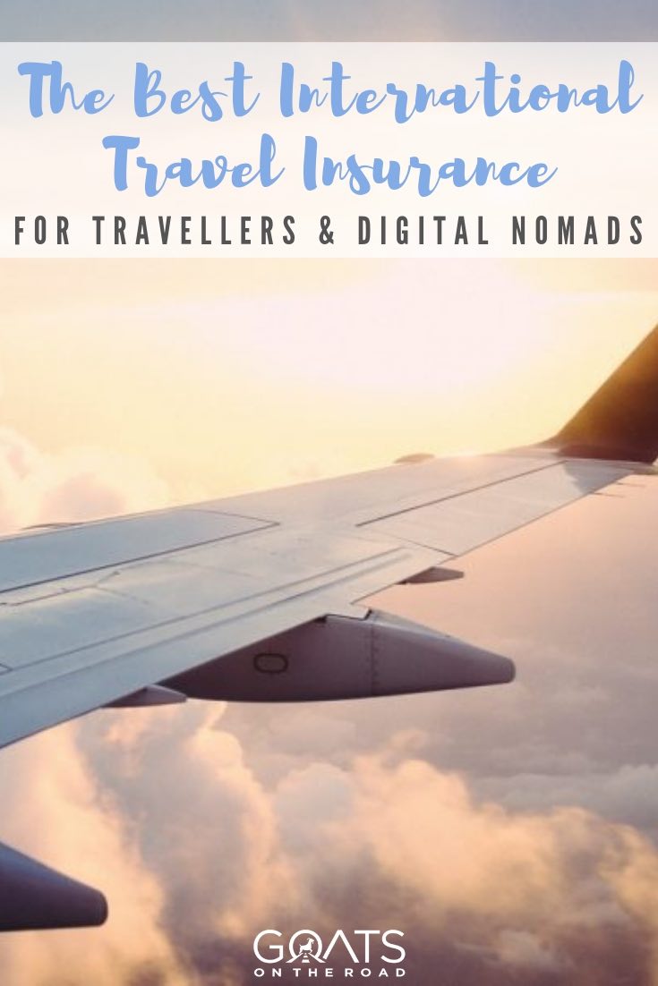 plane wing with the sunrise with text overlay the best international travel insurance for travellers and digital nomads