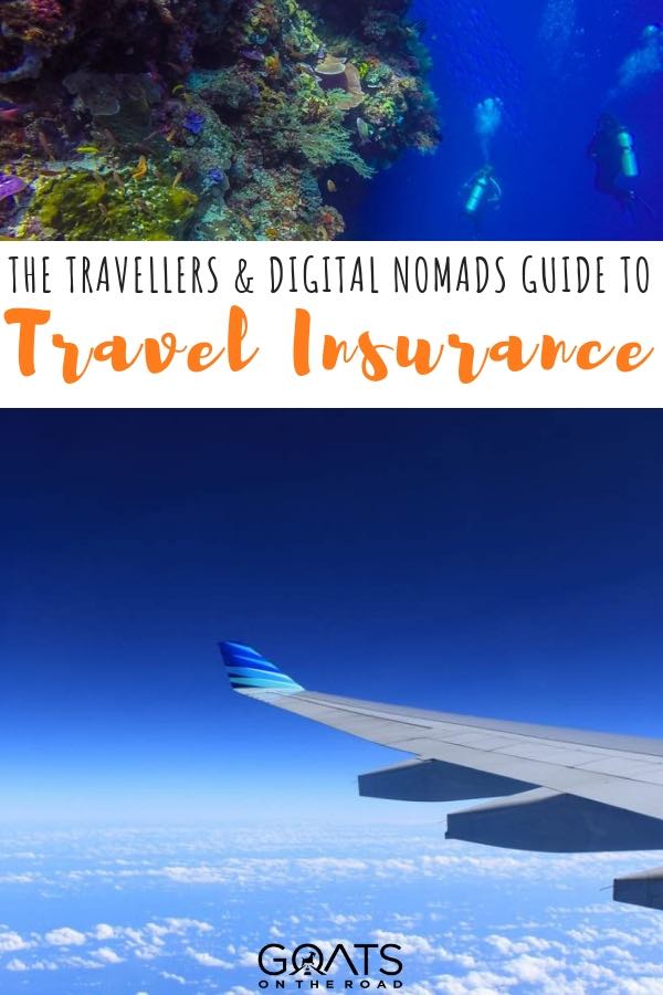 view from the plane window looking out at the wing with text overlay the digital nomads guide to travel insurance