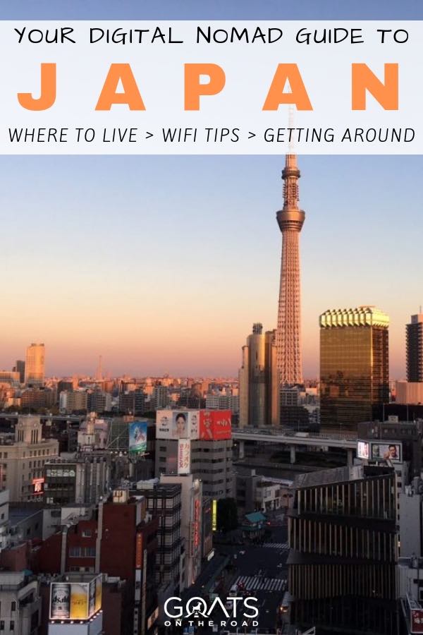 sun setting over a city landscape in japan with text overlay your digital nomad guide to japan