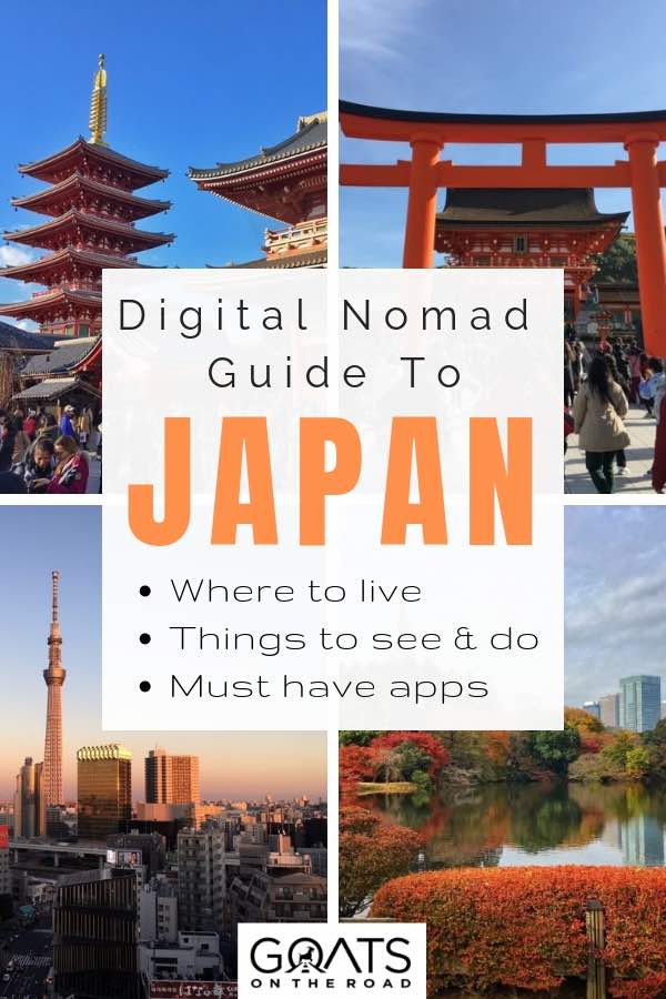 various temples in japan and city landscape with text overlay digital nomad guide to japan