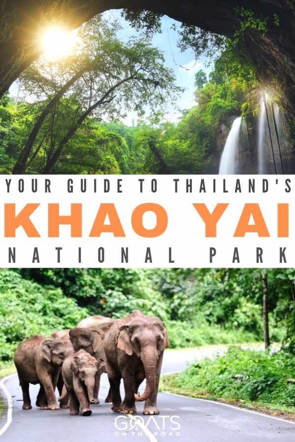 waterfalls and asian elephants with text overlay your guide to thailands khao yai national park