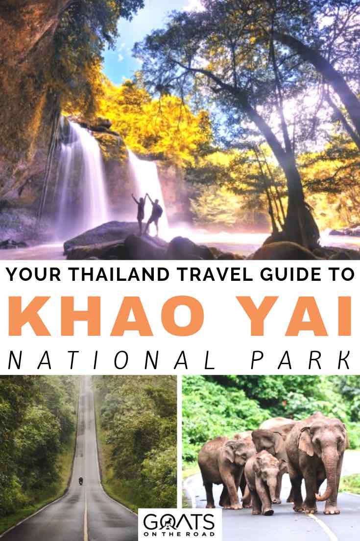 couple standing infront of a large waterfall with text overlay your thailand travel guide to khao yai national park