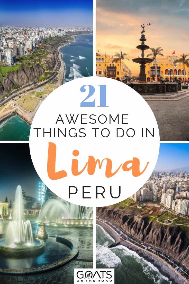 sunset behind a water feature and city next to the coast with text overlay 21 awesome things to do in lima peru