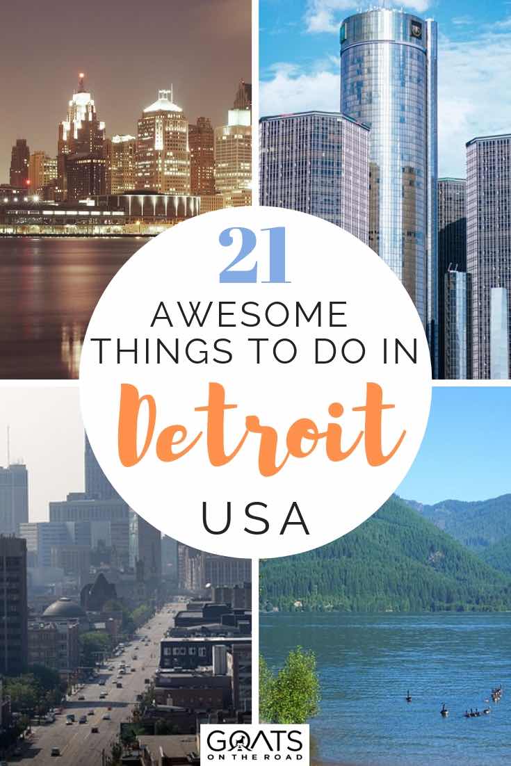Want to know what things to do in Detroit, Michigan? We’ve got tips and ideas on what you can do with kids, your families, as a couple and more! From beautiful lakes, fun music and festivals, sports entertainment, food and more, we will help you with your travel planning! Get ready for this awesome US city! | #traveltips #USAtravel #detroitmichigan various images of detroit city skyline with text overlay 21 things to do in detroit USA