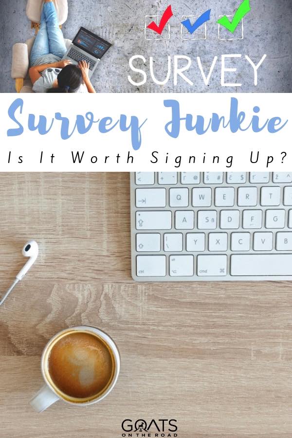 keyboard and coffee with text overlay survey junkie is it worth signing up