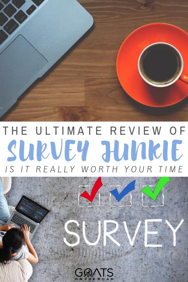 girl completing surveys with coffee with text overlay the ultimate review of survey junkie