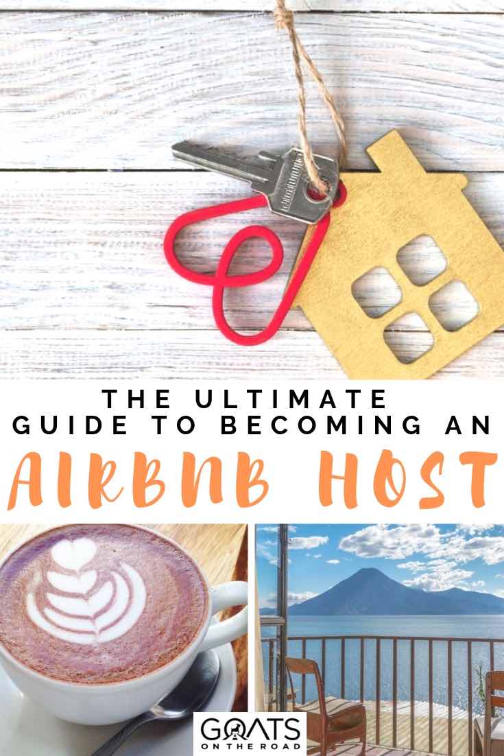 house key, coffee and view of mountains with text overlay the ultimate guide to becoming an airbnb host