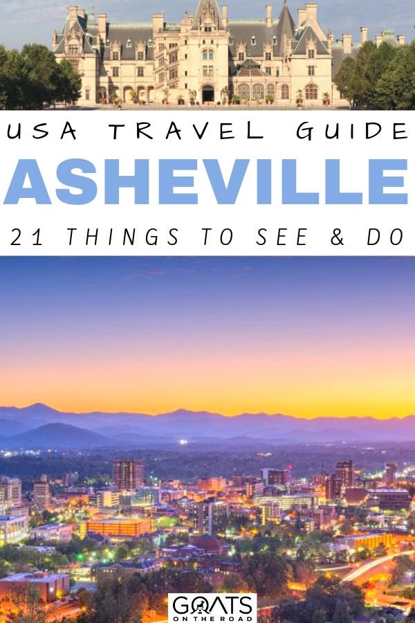 Planning things to do in Asheville, North Carolina? We’ve got the ultimate travel guide for you, with fun activities planned! You can drink local craft beer at one of the many breweries, feast on delicious southern food, go hiking up Mt Pisgah, take a road trip along the Blue Ridge parkway and more! Check out what to do in this awesome US destination! #asheville #northcarolina #wanderlust city skyline with text overlay usa travel guide asheville