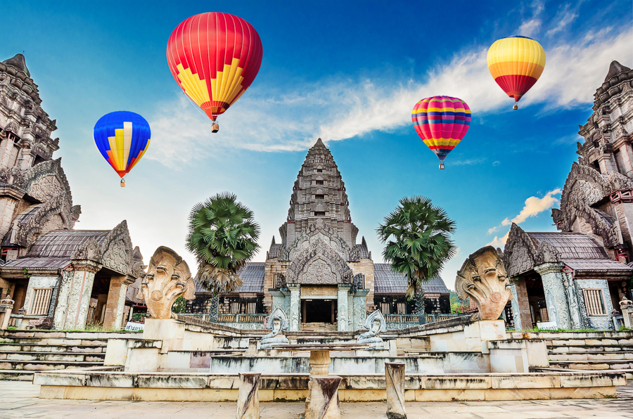 hot air balloons over angkor wat