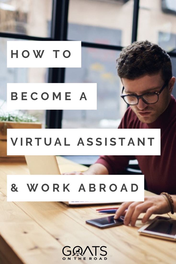 Want a job that offers a flexible lifestyle, where you can work at home, or from abroad? Virtual assistant jobs can be a great way to earn extra money on a part time of full time basis. You can help a business with there social media, or schedule their appointments, all from a remote destination! For tips and ideas on how to get a VA job check our guide! | #virtualassistantjob #onlinework #digitalnomads man working remotely on a laptop with text overlay how to become a virtual assistant and work abroad