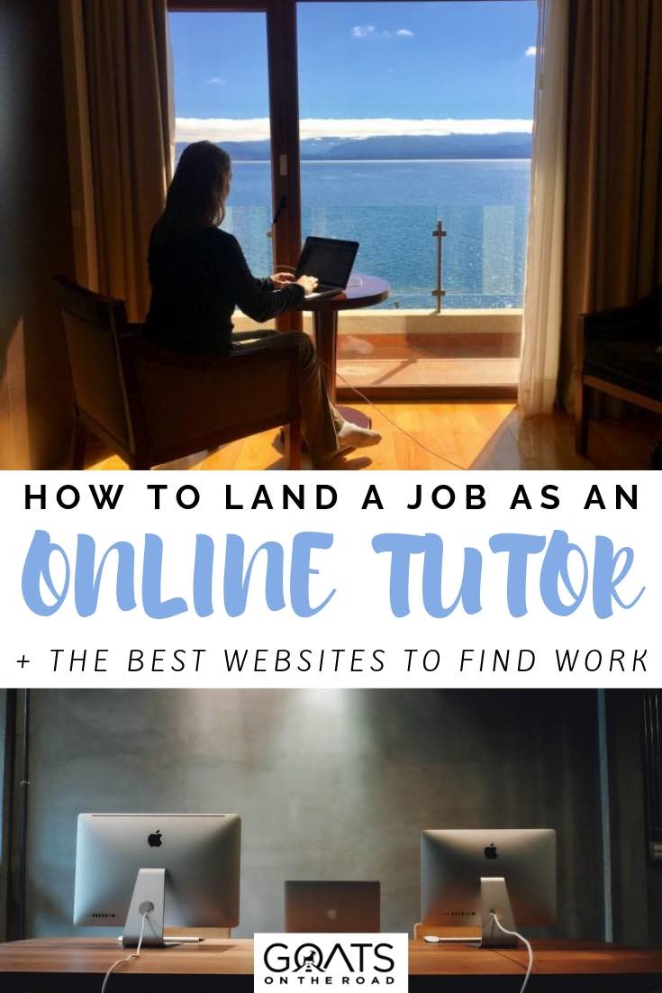 working on laptop with an ocean view with text overlay how to land a job as an online tutor