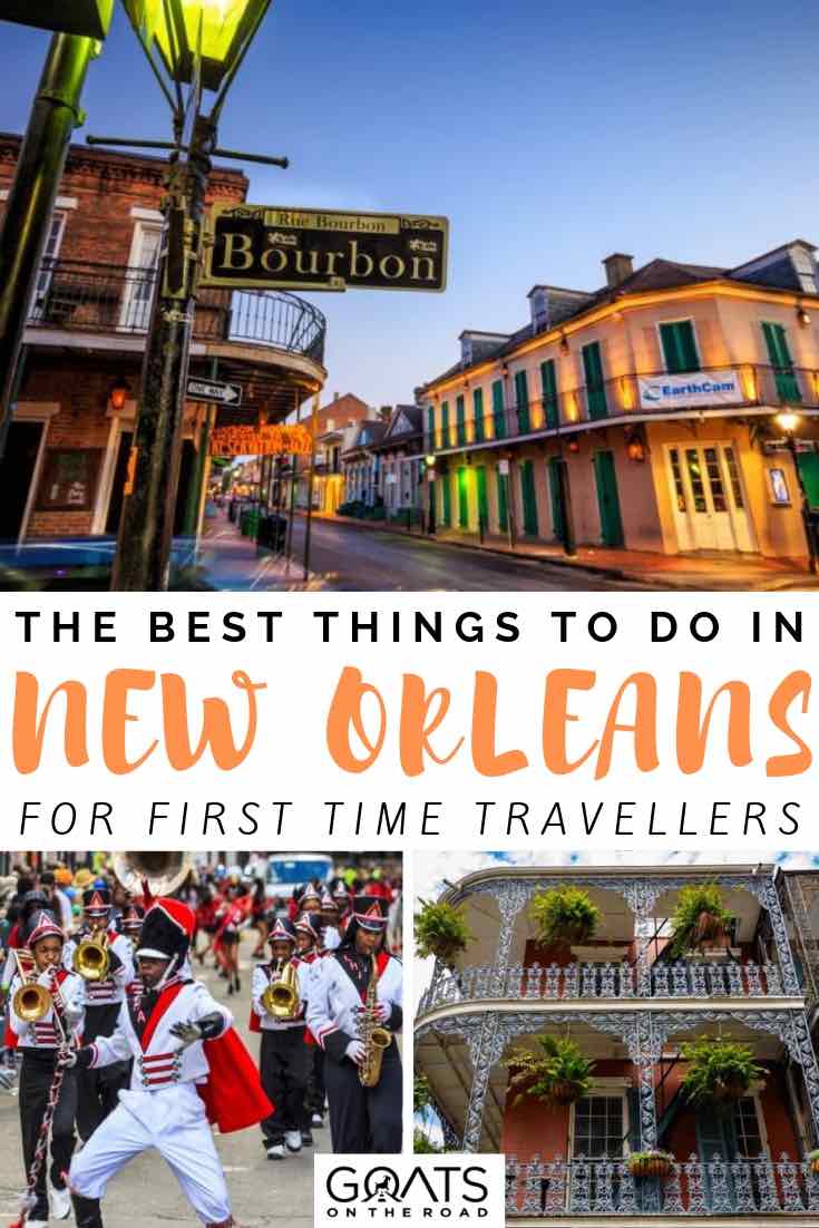 Want to go on a vacation to New Orleans in the USA? Whether it’s a holiday for couples, with kids, or a solo trip we will help you plan what to do. From live music and entertainment on Frenchman street, to exploring national parks, enjoying drinks and romantic restaurants in the French Quarter and more, we’ll help you plan things to do in this awesome destination! | #visitUSA #neworleanstravel #prettycities bourbon street and mardi gras with text overlay the best things to do in new orleans