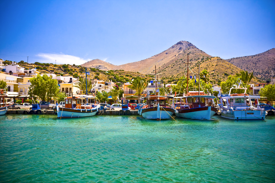 Boats in the harbour at Elounda, Greece