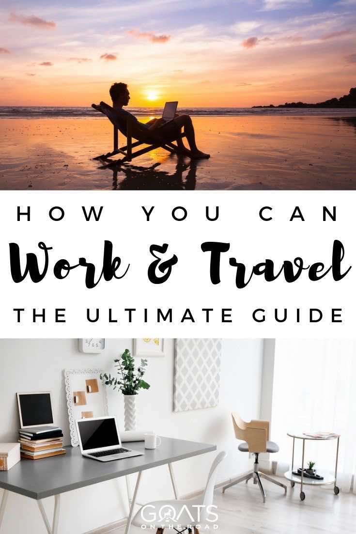 Do you want to work and travel? This dream lifestyle is easier than you think! From teaching english online, to running a blog, or working on a farm in australia, we’ve got the tips to help you work abroad and get to your bucket list destinations. Check out our ultimate guide with 10 of the easiest work and travel jobs in 2019. | #traveljobs #onlinework #digitalnomads working on a laptop while the sun is setting with text overlay how you can work and travel the ultimate guide