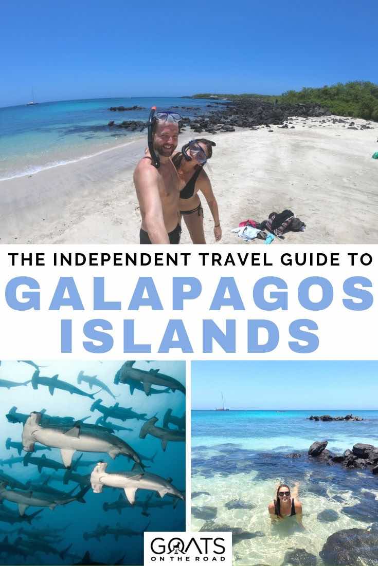 hammerhead sharks and the beach with text overlay the independent travel guide to Galapagos Islands 