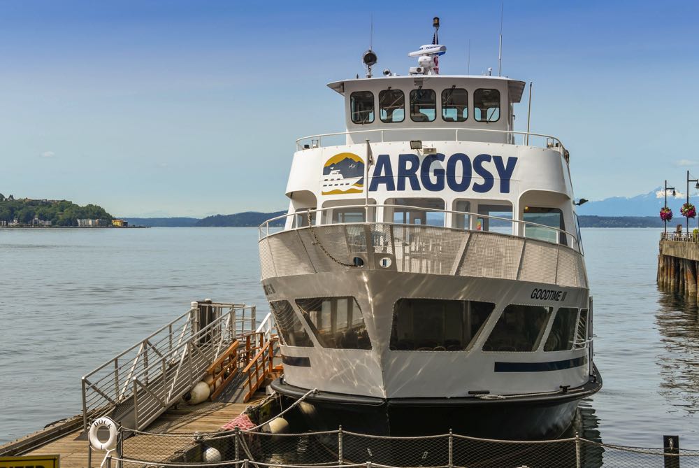 A boat in dock for a Seattle harbor cruise