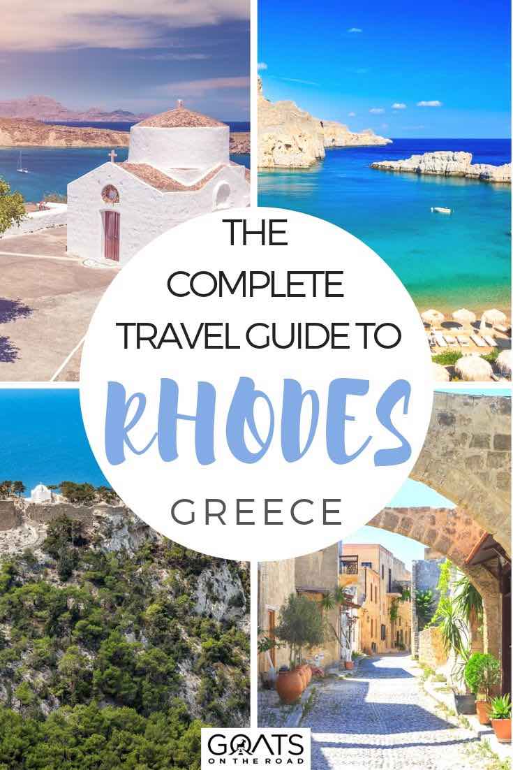 Dreaming of visiting Greece, Europe? We’ve got the ultimate guide to Rhodes. Whether you want tips of where to stay, or where to eat, or things to see and do, we’ve got tips, ideas and a guide for you! Start planning your bucket list destination today! | #greecetravel #wanderlust #traveltips highlights of Rhodes with text overlay the complete guide to rhodes
