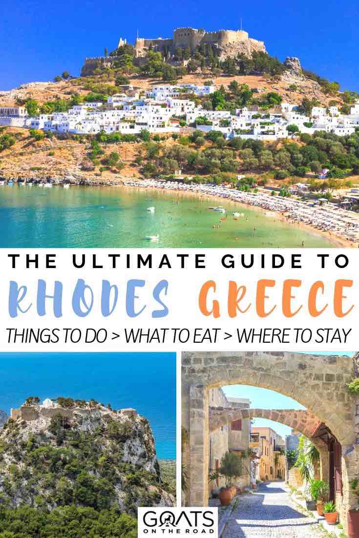 Want to travel to Greece, Europe? Rhodes is a must visit destination, with amazing things to see and do, delicious food, and great places to stay. Check out our ultimate guide to this backpackers destination, and start planning your itinerary! | #travelgreece #rhodes #travel cove and architecture with text overlay the ultimate guide to rhodes greece
