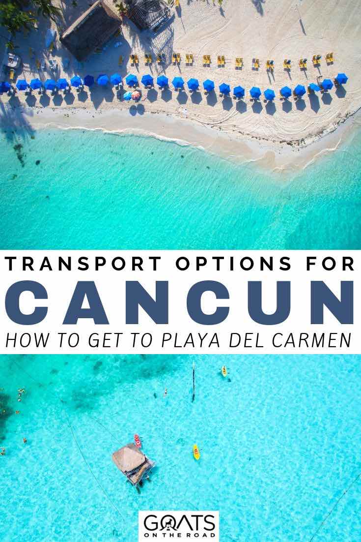 Want to know what the best transport options are for Cancun and Playa Del Carmen? We’ve got the options for you to choose from, whether you are thinking of taking a bus, hiring your own car, or organising a private transfer! | #visitcancun #mexico #yucatan drone photo of cancun with text overlay transport options for cancun