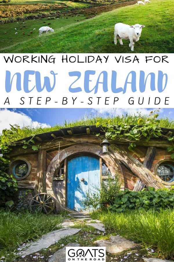 hobbit house with text overlay working holiday visa for new zealand