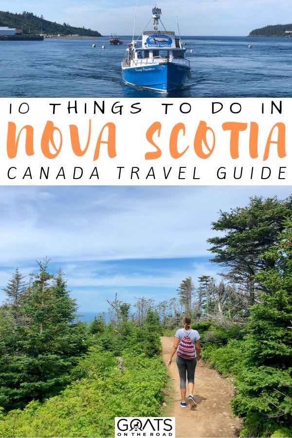 Are you going to vacation in Nova Scotia? We’ve got the tips and ideas to help you plan your holiday with 10 things you don’t want to miss. With delicious seafood, many hiking trails, beautiful scenery and more, there’s plenty of fun things to do in this east coast Canadanian province. #canadatravel #vacation #travelbloggers hiking trail with text overlay 10 things to do in nova scotia