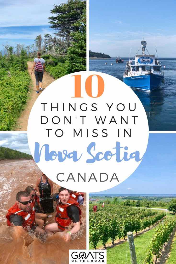 There are so many fun things to see and do in Nova Scotia. Whether you want adventure and tidal bore rafting, or want a summer road trip along cape breton, or just want to experience delicious seafood and wineries. We’ve got the tips for you! | #canada #beautifuldestinations #northamerica highlights of Nova Scotia with text overlay 10 things you don't want to miss