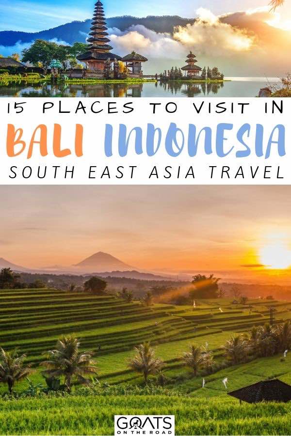 sunset over the rice paddies with text overlay 15 places to visit in bali