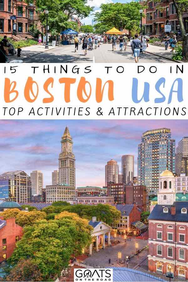 Live in the USA and want a little vacation? There are so many fun things to do and see in Boston. We’ve listed some of the highlights to help you plan your itinerary. Whether you want to experience a game at Fenway park, feast on delicious seafood or tour by land and sea, we’ve got the tips for you! | #cityvacation #boston #USA boston skyline with text overlay 15 things to do in boston usa
