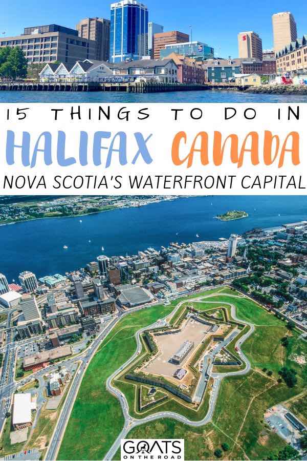 Planning a vacation to Halifax, in Canada’s Nova Scotia province? This beautiful city is filled with fun things to do, whether you want to stroll along the waterfront, sample delicious seafood at one of the many restaurants, or head downtown to some trendy suburbs, we’ve got the travel tips for you! | #canada #halifax #travel halifax drone shot with text overlay 15 things to do in Halifax canada