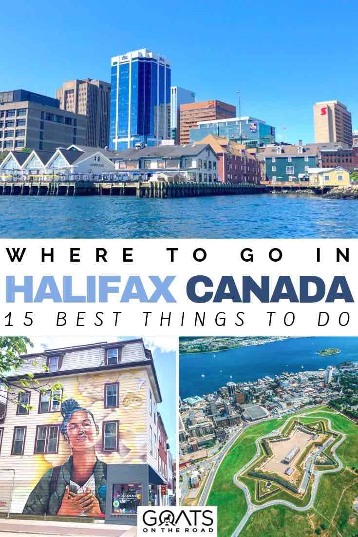 Looking for tips on what to see and do in Halifax, Nova Scotia? This picturesque town has delicious seafood, craft beers, great museums and beautiful waterfront spots. Check out our guide on what to do when you visit the Canadian province! | #canadatravel #northamerica #prettycities Halifax waterfront with text overlay where to go in Halifax canada