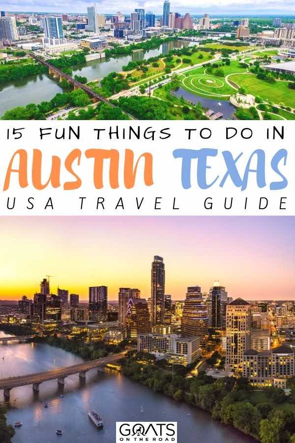 Looking for things to do in Austin, Texas? This exciting city has great live music, delicious food, and plenty of options for enjoying the outdoors. Whether you want to go hiking, or explore the city, eat tacos at one of the great food joints, or listen to live music at night, we’ve got the tips for your itinerary. | #visitUSA #traveltips #unitedstates Austin skyline with text overlay 15 fun things to do in Austin texas