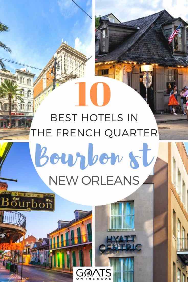Looking for places to stay on or off bourbon street in New Orleans? We’ve got the tips to help you learn about bourbon street, the best hotels to stay at and more. Whether you want to be close to the action, or a little further away in the French Quarter, we’ve got the accommodation options for you. | #unitedstates #bourbonstreet #traveltips bourbon street with text overlay 10 best hotels in the French quarter