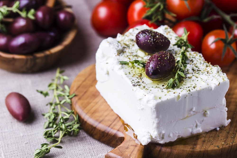 Feta cheese with olives in Greece. Greek food in one of the best food countries