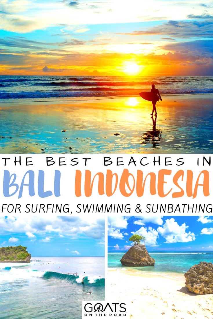 Are you travelling to Bali and looking for the best beaches to visit? Whether you want to go surfing at Canggu or Uluwatu, watch a beautiful sunset in Seminyak or visit the infamous Nusa Lembongin beach, we’ve listed the top 10 beaches in this paradise country! | #balitravel #southeastasia #nusalembongan sunset on the beach with text overlay best beaches in bali indonesia