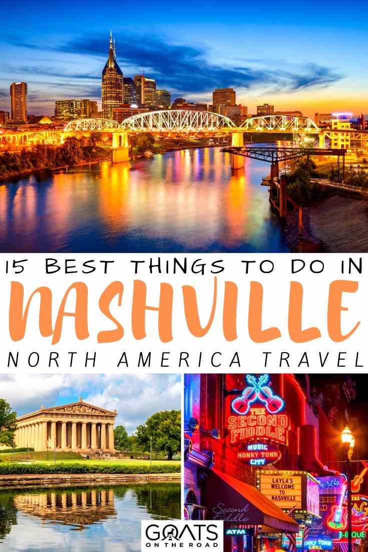 Looking for the best things to do in Nashville? Whether you are looking for some cheap eats, great music, or want to wander around downtown, we’ve got the tips and ideas to help you plan your itinerary. | #USA #nashville #traveltips Nashville at night with text overlay 15 best things to do