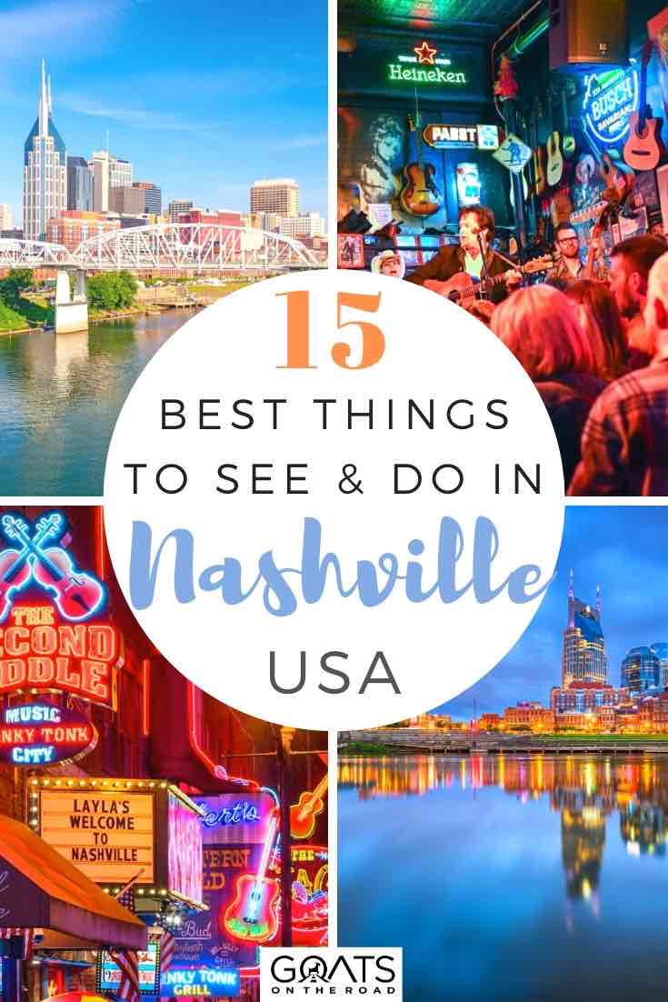 Planning a trip to Nashville in USA? Whether you are going for a weekend trip or longer we’ve got ideas of fun things to do in this great destination. Whether you want to visit the Johnny Cash museum, listen to great music or get some cheap eats, we’ve got tips for you. | #northamerica #USAtravel #tennessee Nashville highlights with text overlay 15 best things to see and do