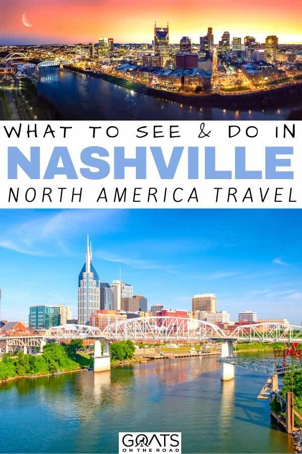 Are you travelling to Nashville Tennessee soon? We’ve got some great ideas of fun things to do during your stay. Whether you want to listen to live music, grab some cheap eats, tour a distillery or stroll around downtown, we’ve got tips for your travel itinerary. | #travel #visitUSA #nashville Nashville skyline with text overlay what to see and do