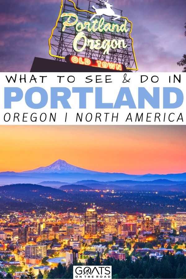 portland sunset with text overlay what to see and do in portland