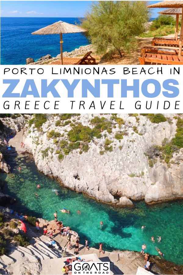 Planning a trip to Porto Limnionas Beach is one of the best things to do in Zakynthos. We’ve got the tips to help you plan where to eat, where to stay, how to get there and more. | #greece #zakynthos #beautifuldestinations Porto Limnionas Beach Zakynthos with text overlay greece travel guide
